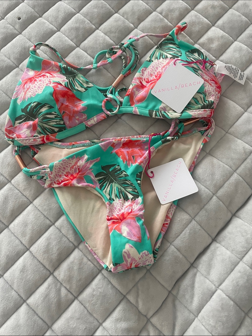 Vanilla/Beach Teal Floral Triangle Bikini with Pink Accents